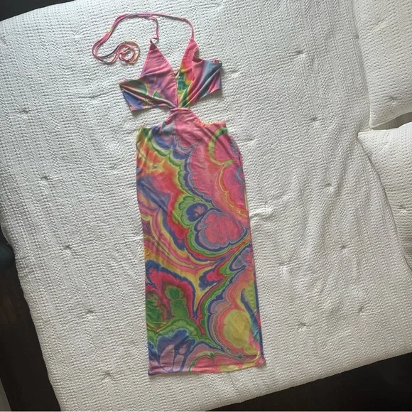 AFRM Tie-Dye Pink and Yellow Abstract Bodycon Halter Tessa Mesh Midi Dress Small - Picture 4 of 13